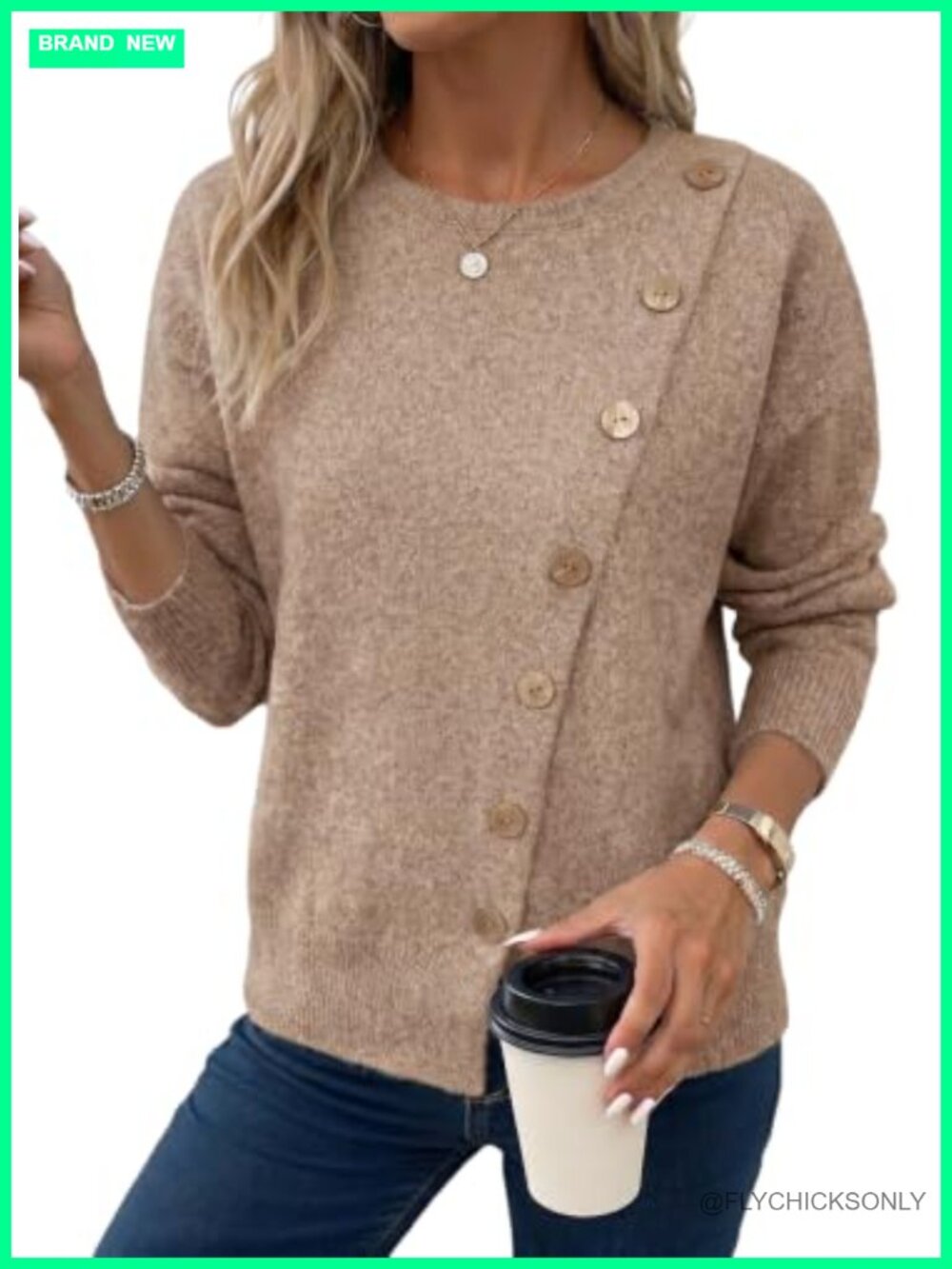 Women's Crewneck Long Sleeve Knit Pullover Sweater with Button Detail